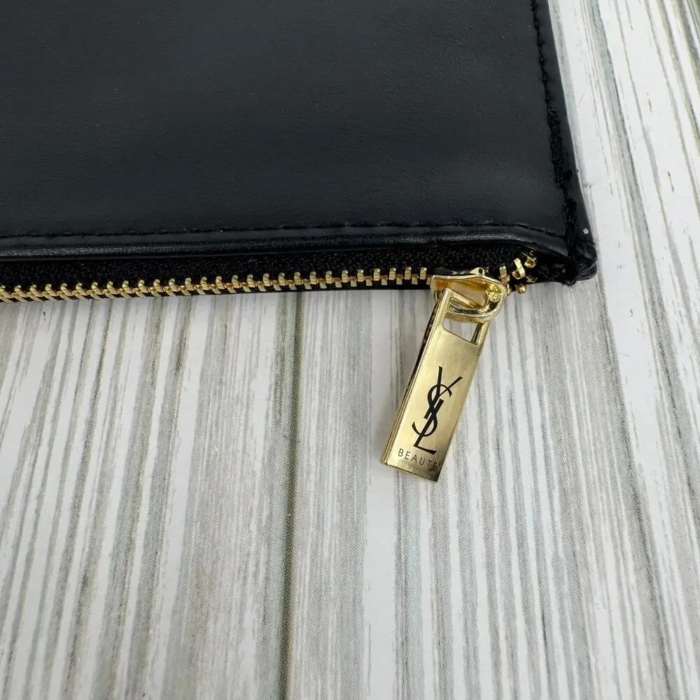 YSL Beaute make up cosmetic bag pouch logo vegan leather zipper black gold